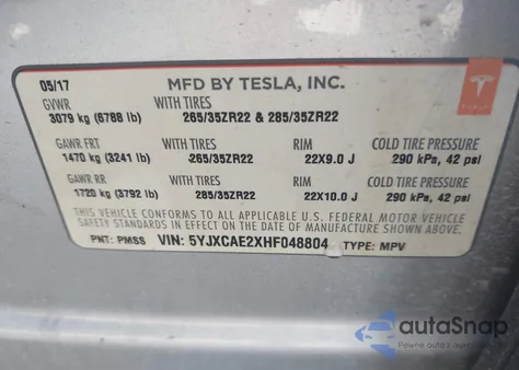 2017 Tesla Model X 100D/75D/90D из США, поврежденный, VIN 5YJXCAE2XHF048804